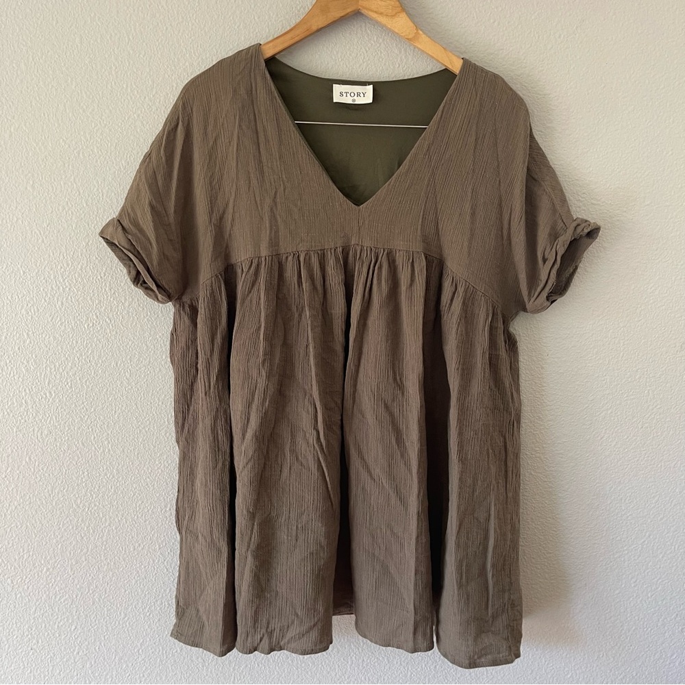 STORY Babydoll Crinkled Olive Green Cotton Dress Size M